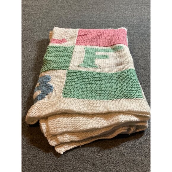 ABCDEF Alphabet Blocks Knit Baby Blanket Pink Blue White Green Security Lovey - Picture 5 of 9